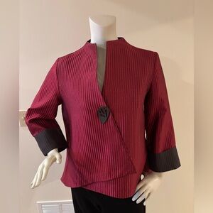 IC By Connie K Asymmetrical Burgundy Pinstripe Jacket with Sculptural Button, M